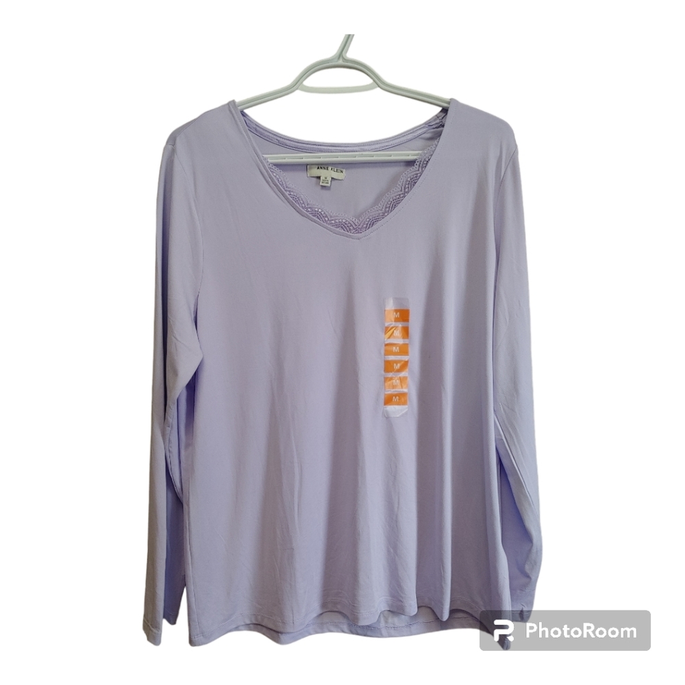 ANNE KLEIN Lavender Lace Trim Long Sleeve Tee Size Medium